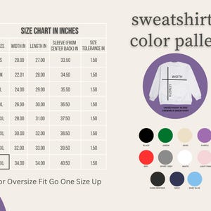 May include: A size chart in inches for a unisex heavy blend crewneck sweatshirt. The chart includes measurements for width, length, sleeve length, and tolerance, ranging from size S to 5XL. A color palette shows available colors.