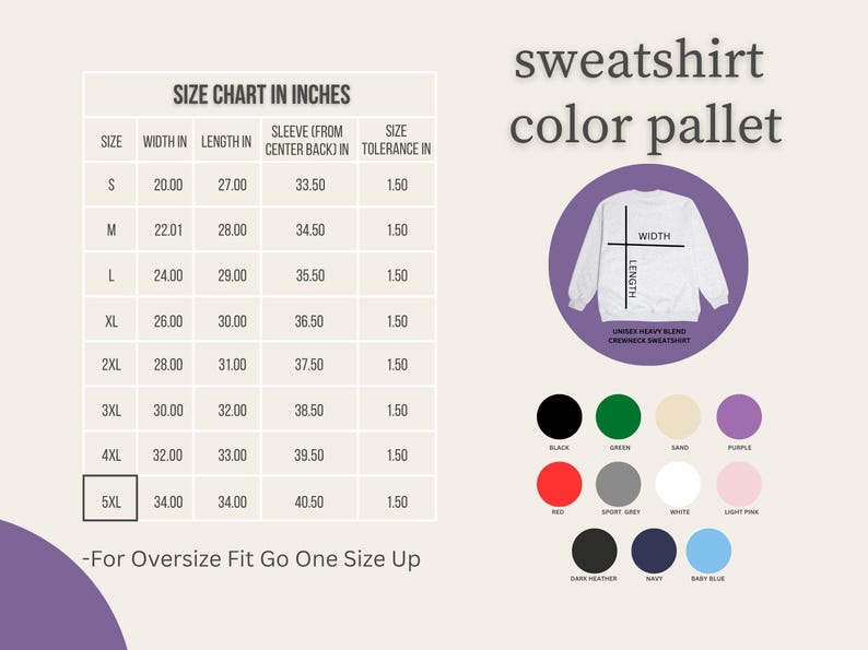 May include: A size chart in inches for a unisex heavy blend crewneck sweatshirt. The chart includes measurements for width, length, sleeve length, and tolerance, ranging from size S to 5XL. A color palette shows available colors.