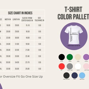May include: A size chart in inches for t-shirts, with measurements for width, length, sleeve length, and tolerance. A color palette shows available colors, including black, green, and red. The text reads "For Oversize Fit Go One Size Up."