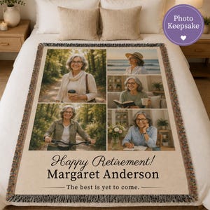 May include: A woven throw blanket featuring four photographic portraits of a person, with the printed text "Happy Retirement! Margaret Anderson The best is yet to come." The blanket has a cream-coloured base and a decorative fringed border.