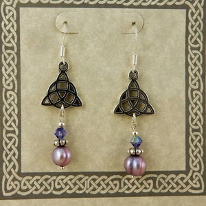 Celtic Triquerta Trinity Knot earrings with purple lilac freshwater pearls & Swarovski crystals