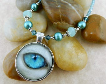Blue eyed white kitty cat glass cabochon necklace w/ Blue crystals and freshwater pearl beads