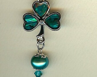 Abalone Shell Irish Shamrock Earring with teal Pearls and Swarovski Crystals