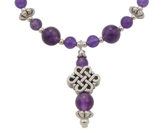 Silver Celtic Knot & Genuine Amethyst Gemstones Beaded Necklace