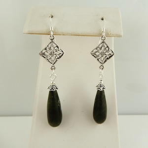 Sterling Silver Celtic Knot Dangle earrings with Irish Connemara Marble teardrop beads