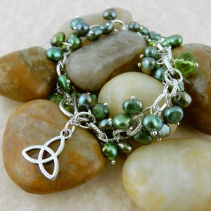 Freshwater green pearl cha-cha bracelet with your choice of Celtic Trinity Knot, Celtic Knot or Irish Claddagh charm