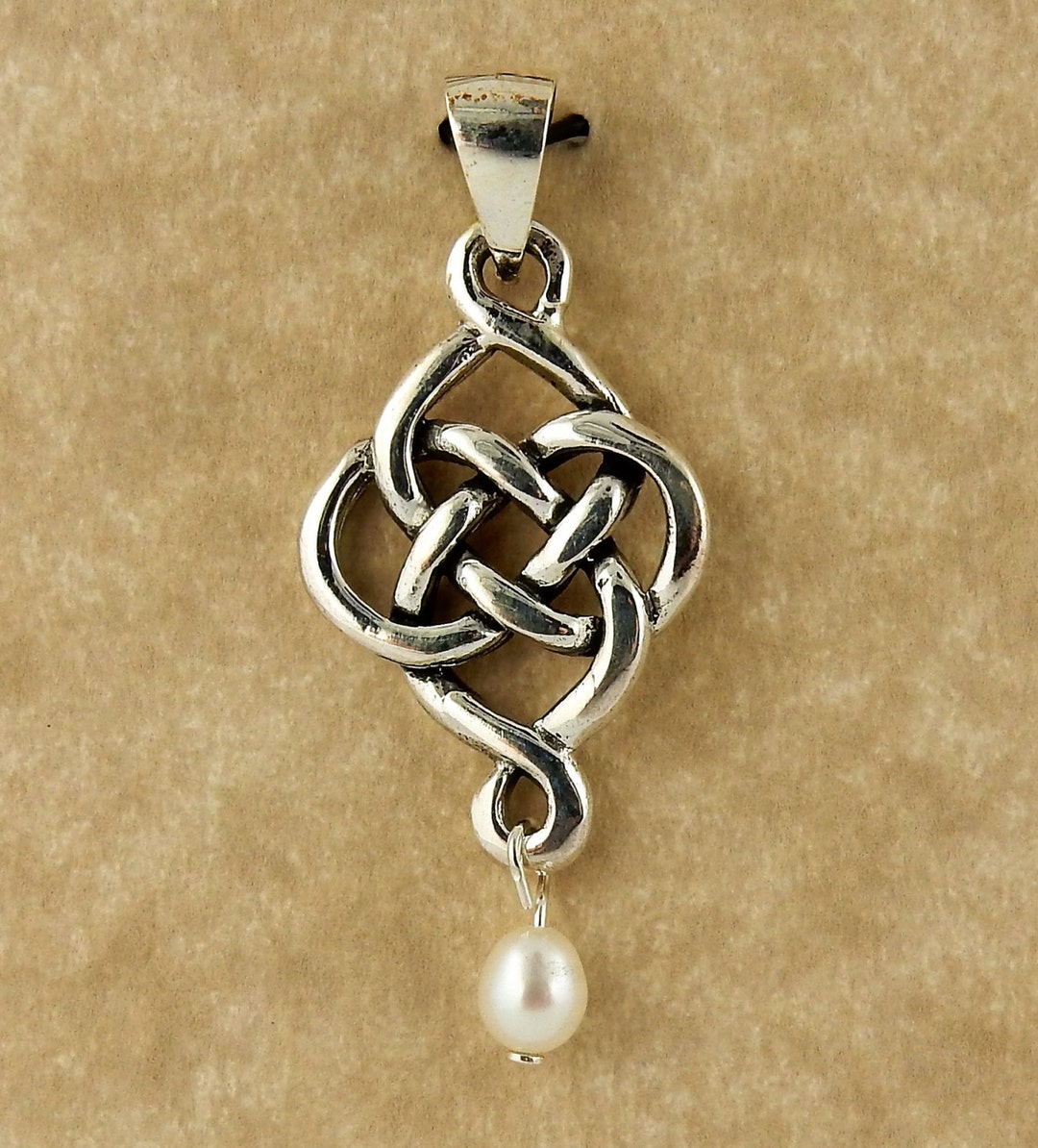 Sterling Silver Irish Celtic Knot Pendant With Pearl Drop on 18" Snake ...