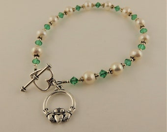 Silver Irish Claddagh bracelet with Freshwater pearls and Genuine light Emerald Green Swarovski crystal beads