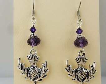 Silver Scottish Thistle Earrings with purple Crystals, National Flower of Scotland
