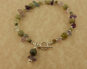 Irish Connemara Marble beaded bracelet with sterling beads and genuine fluorite gemstones