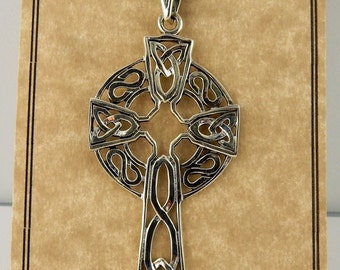 Vintage Large sterling silver Celtic Cross with Trinity knots pendant