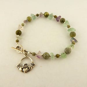 Sterling Silver Irish Claddagh Charm bracelet with Genuine Connemara Marble and Fluorite Chip beads