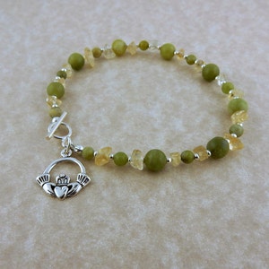 Sterling Silver Irish Claddagh Charm bracelet with Genuine Connemara Marble and Citrine Chip beads handcrafted beaded Bracelet