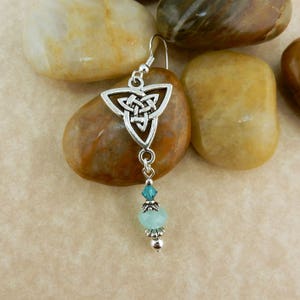Silver Celtic Irish Trinity Knot earrings w/ Teal Austrian Sea Foam Green crystal & Blue Zircon 4mm Swarovski crystals beads