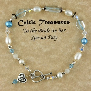 Something Blue Celtic Bridal Bracelet, with genuine pearls, gemstones, Swarovski crystal beads and a Celtic knot heart