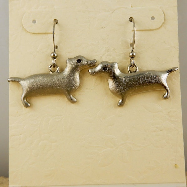 Vintage Brushed Silver Zinc Dachshund puppy dog earrings