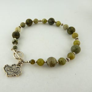 Irish Connemara Marble beaded bracelet with map of Ireland Sterling silver Charm