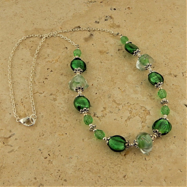 Patrick/'s Day Necklace made with foil green and lampwork glass beads /& Czech glass beads Green for St