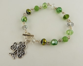 Silver Irish Shamrock with Celtic Knots beaded bracelet with Austrian Crystal Green & Crystal beads