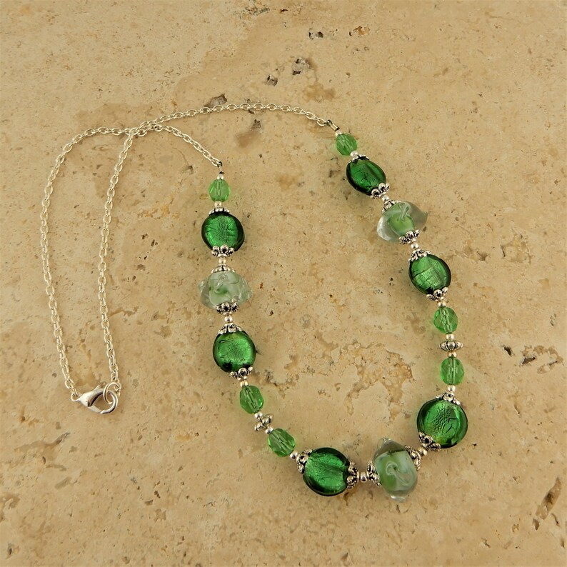 Patrick/'s Day Necklace made with foil green and lampwork glass beads /& Czech glass beads Green for St