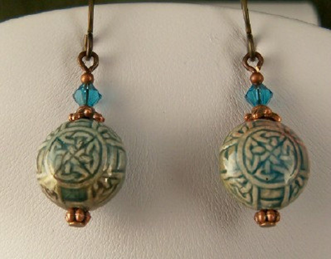 Celtic Knot Raku Beaded Earrings With Swarovski Crystals - Etsy