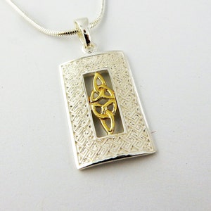 Sterling silver double Irish Celtic Trinity Knot in gold vermeil pendant on 18&quot; snake chain