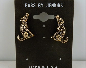 Vintage Gold plated pewter Coyote Southwestern stud earrings w/ surgical steel post, hypoallergenic