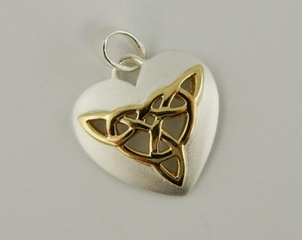 Brushed Sterling silver Irish Celtic Knot heart with 14kt gold vermeil Trinity knot pendant