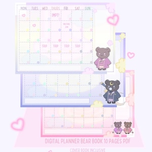 デジタルかわいい月間予定表、着物をテーマにしたクマ、手描きアニメKポップStrayKidsライトスティックキャラクターテンプレート