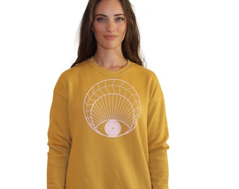 O P E N  E Y E  P R I N T on Mustard Full Length Sweatshirt hand printed by Blonde Peacock