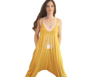 O P E N  E Y E   P R I N T  on Mustard Harem Jumper with POCKETS