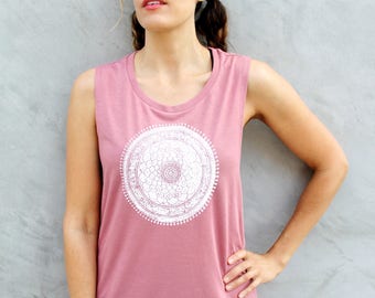 M A N D A L A  P R I N T on Dusty Rose Muscle Tank Top hand printed by Blonde Peacock