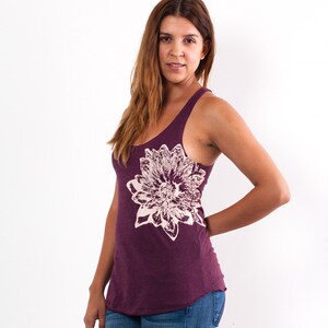 Cranberry and Pale Nude Lotus Tri-Blend Racerback Tank Top hand printed by Blonde Peacock image 2