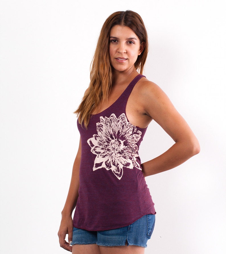 Cranberry and Pale Nude Lotus Tri-Blend Racerback Tank Top hand printed by Blonde Peacock image 2