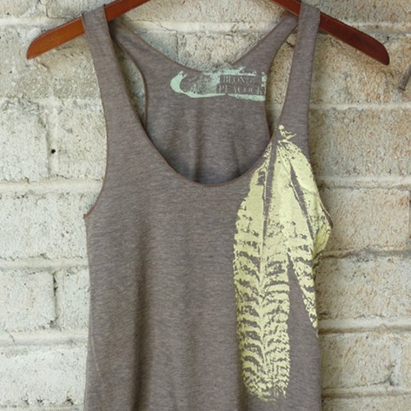 Cocoa and Pale Yellow Feathers Tri-Blend Racerback Tank Top hand printed by Blonde Peacock