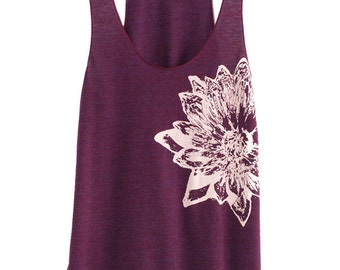 Cranberry and Pale Nude Lotus Tri-Blend Racerback Tank Top hand printed by Blonde Peacock