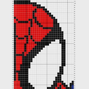 May include: Pixelated image of Spider-Man's mask, featuring red and black squares with a white eye section. The design is reminiscent of 8-bit or cross-stitch art, with a grid background.