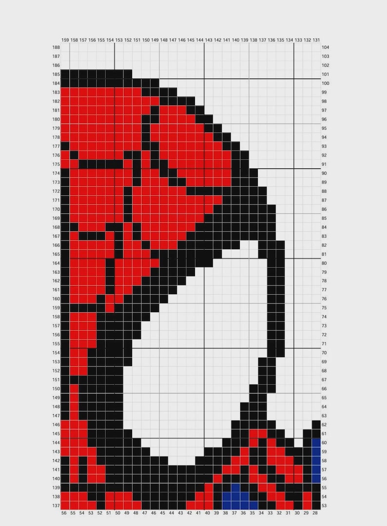 May include: Pixelated image of Spider-Man's mask, featuring red and black squares with a white eye section. The design is reminiscent of 8-bit or cross-stitch art, with a grid background.