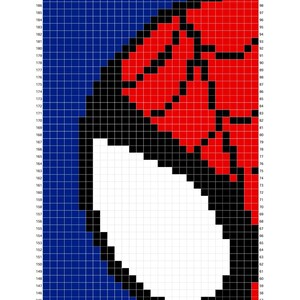 May include: A pixelated image of a superhero mask, with a white eye, red webbing, and a blue background. The design is created using a grid of coloured squares. The text "Page 2" is at the bottom.