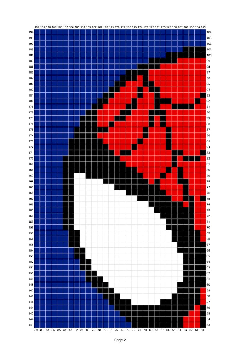 May include: A pixelated image of a superhero mask, with a white eye, red webbing, and a blue background. The design is created using a grid of coloured squares. The text "Page 2" is at the bottom.