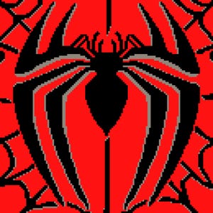 May include: Pixelated graphic of a black spider emblem with gray accents on a red background. The spider design is centered, with a web pattern visible in the corners. The image has a comic book or video game aesthetic.