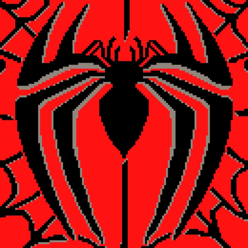 May include: Pixelated graphic of a black spider emblem with gray accents on a red background. The spider design is centered, with a web pattern visible in the corners. The image has a comic book or video game aesthetic.