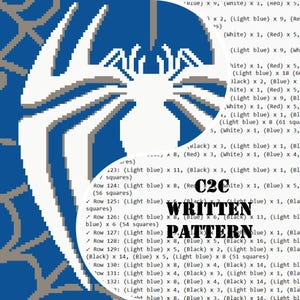 May include: A C2C written pattern document featuring a white spider graphic on a blue and gray web background. The text includes detailed row-by-row instructions with color counts for light blue, red, white, black, and blue yarn squares.