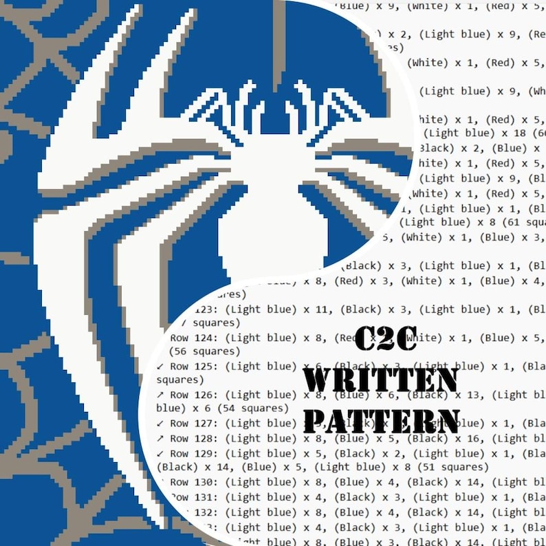 May include: A C2C written pattern document featuring a white spider graphic on a blue and gray web background. The text includes detailed row-by-row instructions with color counts for light blue, red, white, black, and blue yarn squares.