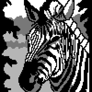 May include: Pixelated black and white image of a zebra's head and neck. The zebra's stripes are clearly defined, and the background features shades of gray and black, creating a striking contrast. The artwork is a digital illustration.
