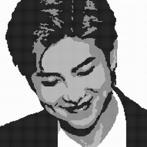 May include: A pixel art style portrait rendered in shades of black, white, and gray. The image depicts a person with short dark hair, looking downward with a subtle smile. The composition uses a grid-like pattern to define facial features.