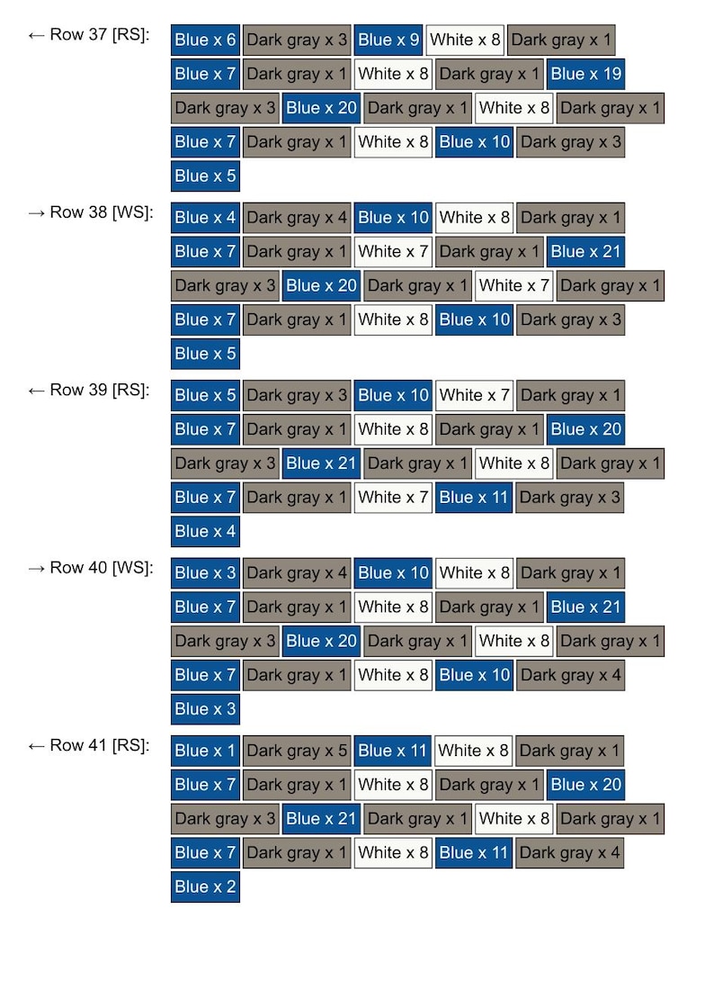 May include: A crochet pattern chart labeled Row 37 through Row 41, featuring directional arrows and bracketed RS or WS indicators. The grid displays repeating sequences of blue, dark gray, and white blocks with specific stitch counts per color.