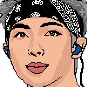 May include: A pixel art style digital illustration of a person with grey hair wearing a black bandana with a white paisley pattern and blue earbud-style accessories. The text C2C AND TAPESTRY CROCHET PATTERN is printed in black at the bottom of the image.