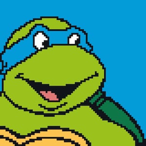 May include: A pixel art illustration of a green turtle character wearing a blue eye mask. The character has a light green face, a tan chest plate, and a dark green shell. The background is a solid bright blue, and the character is smiling.