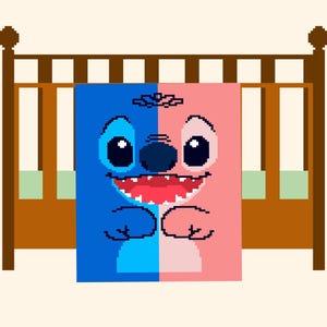 K&ouml;nnte beinhalten: Eine digitale Illustration eines blau-rosa Gesichts, vertikal geteilt, mit gro&szlig;en Augen und einem breiten Grinsen. Die Figur liegt auf einer Decke in einem braunen Kinderbett. Das Kinderbett hat einen hellbeigen Hintergrund.